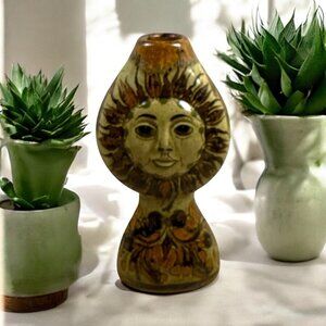 Vintage Tonala Sun Face Pottery Vase by Carlos Villanueva Mexico